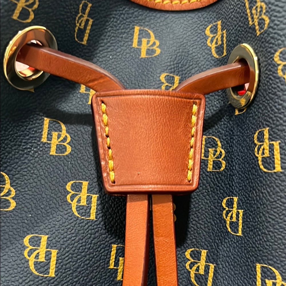 Dooney & Bourke Navy and Brown Drawstring Bucket Shoulder Bag - Picture 2 of 10